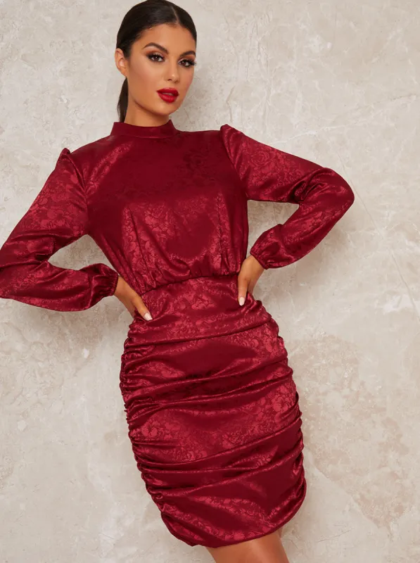 High Neck Ruched Long Sleeve Mini Party Dress in Red sold by Chi Chi London