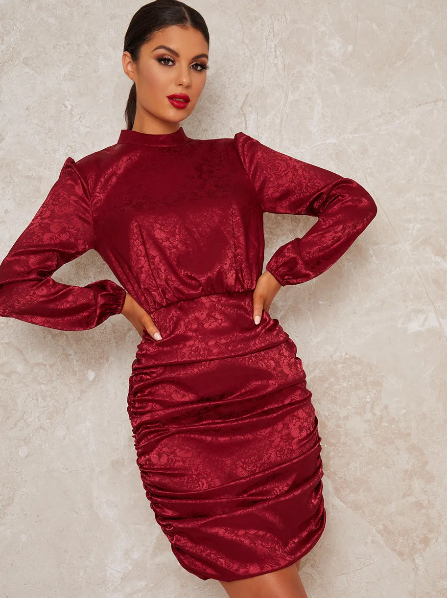 High Neck Ruched Long Sleeve Mini Party Dress in Red sold by Chi Chi London