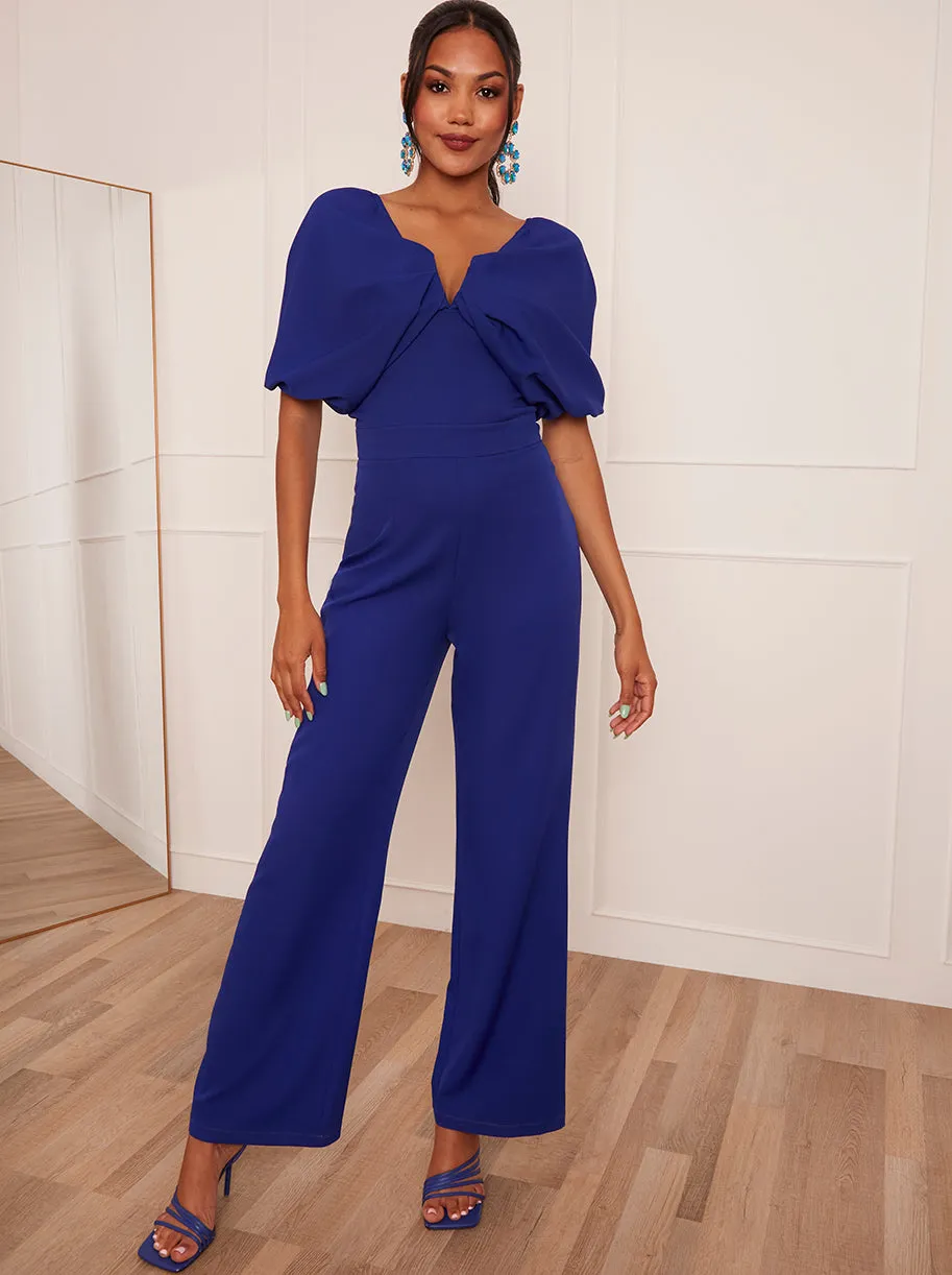 Drape Sleeve Wide Leg Jumpsuit in Blue sold by Chi Chi London