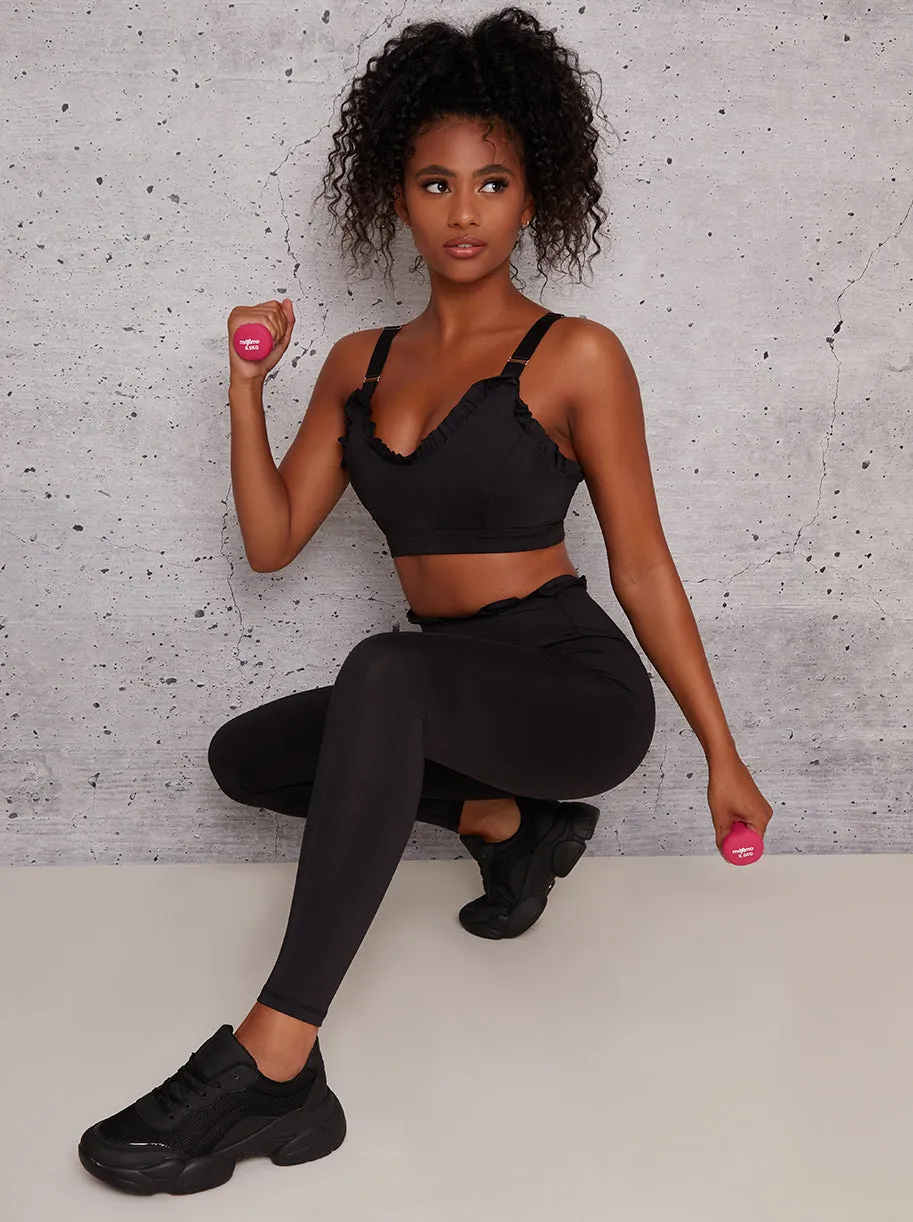 Sports Bra with Frill Trim Details in Black sold by Chi Chi London