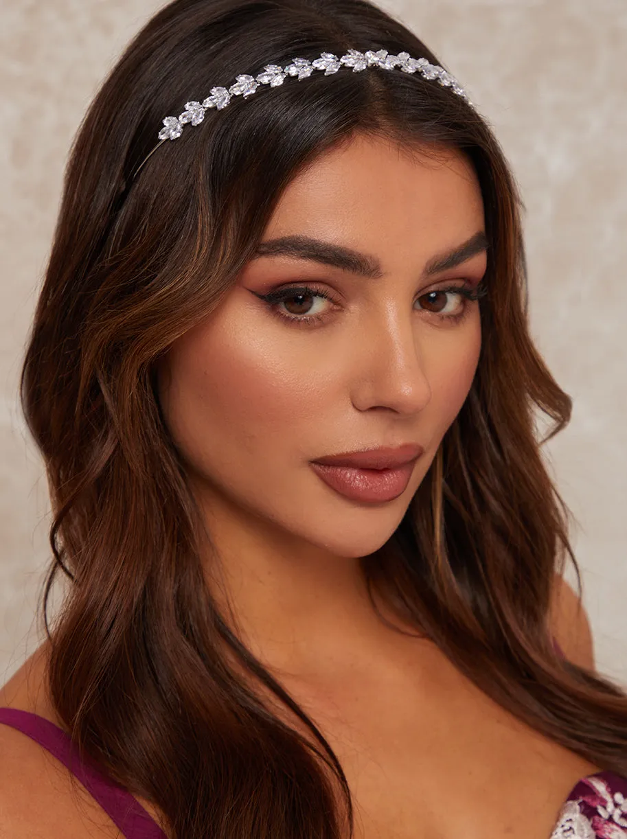 Diamanté Embellished Leaf Design Headband in Silver sold by Chi Chi London