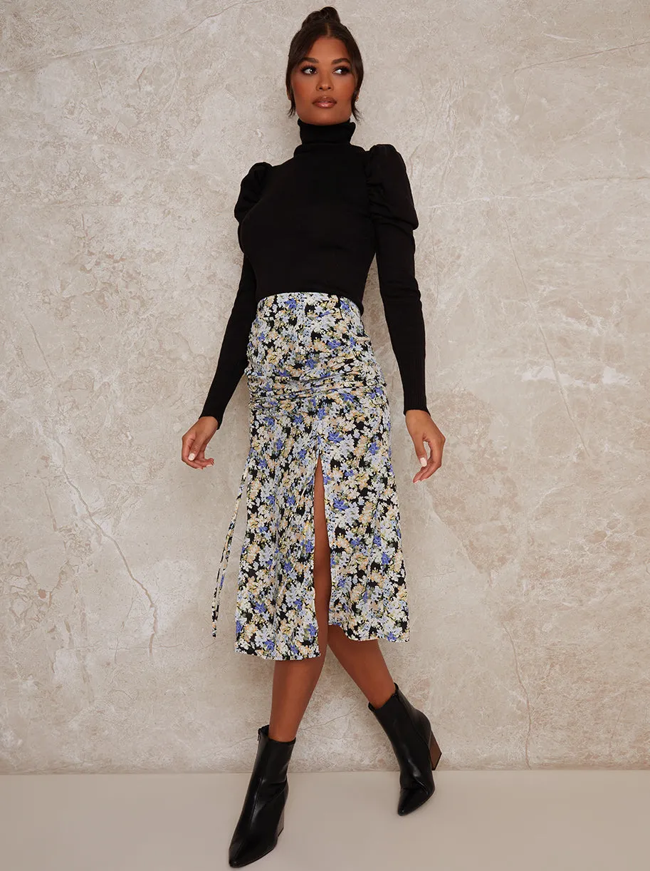 Ruched Split Floral Midi Skirt in Blue sold by Chi Chi London