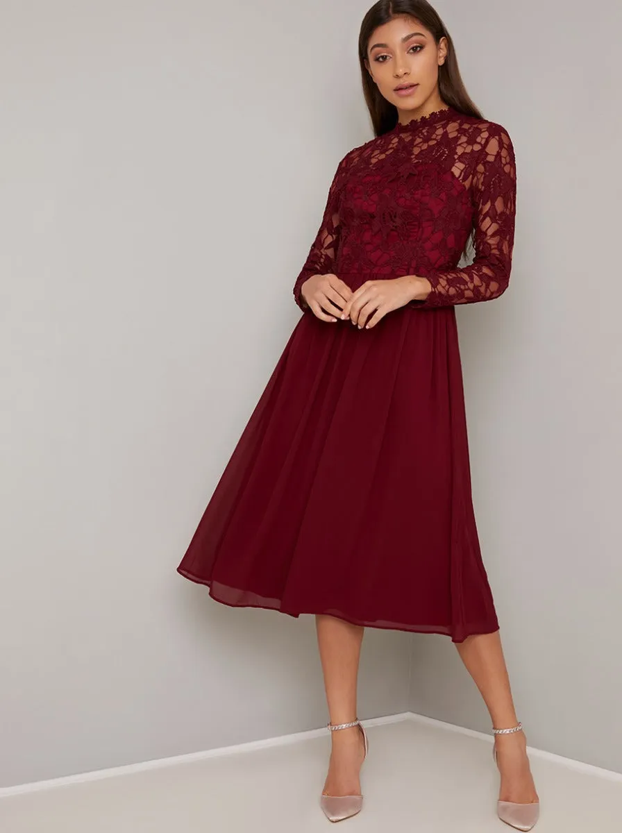 Crochet Midi Dress with High Neckline Design in Red sold by Chi Chi London