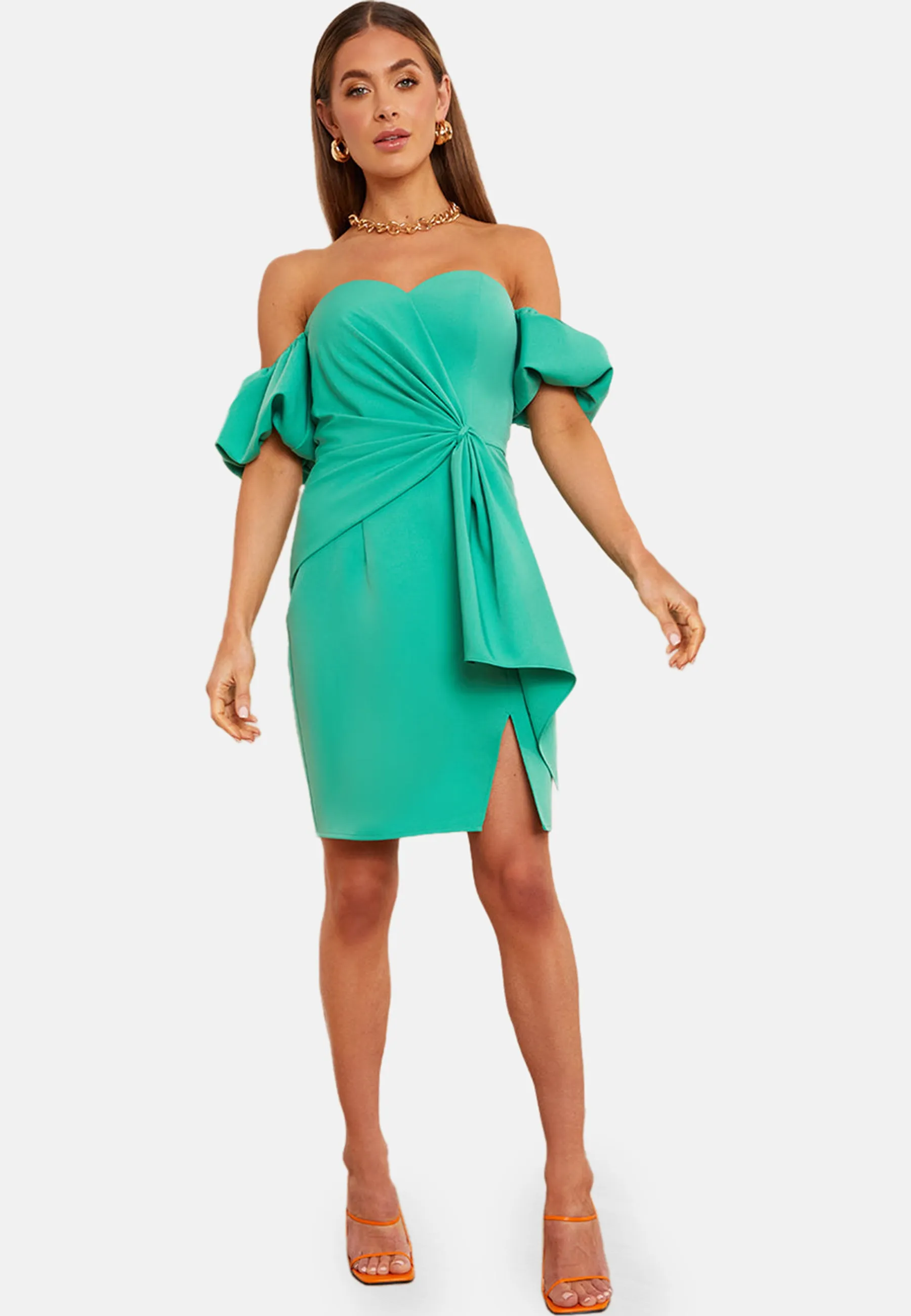 Puff Sleeve Bardot Tie Detail Mini Dress in Green sold by Chi Chi London product image thumbnail 5