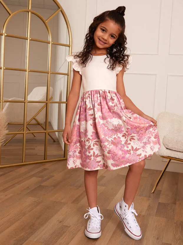 Younger Girls Ruffle Floral Print Midi Dress in Pink sold by Chi Chi London