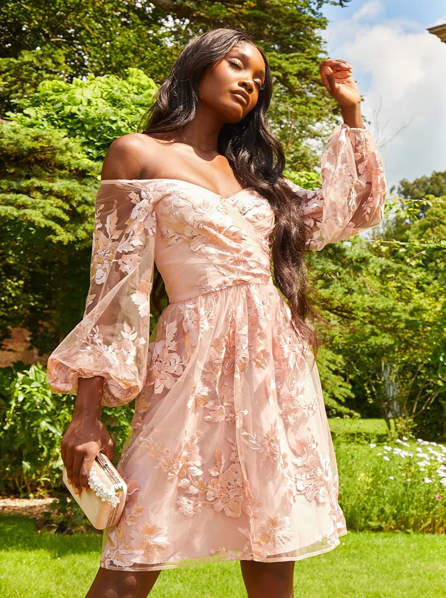 V Neck Long Sleeved Mini Dress in Blush sold by Chi Chi London