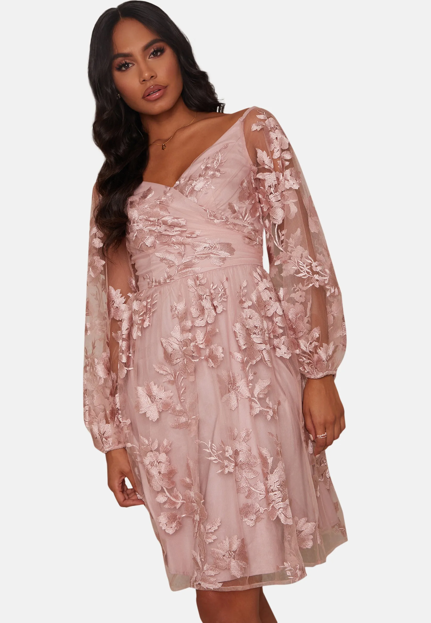 V Neck Long Sleeved Mini Dress in Blush sold by Chi Chi London product image thumbnail 5