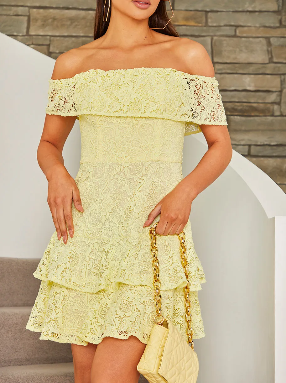 Bardot Premium Lace Tiered Hem Mini Dress in Yellow sold by Chi Chi London product image thumbnail 4