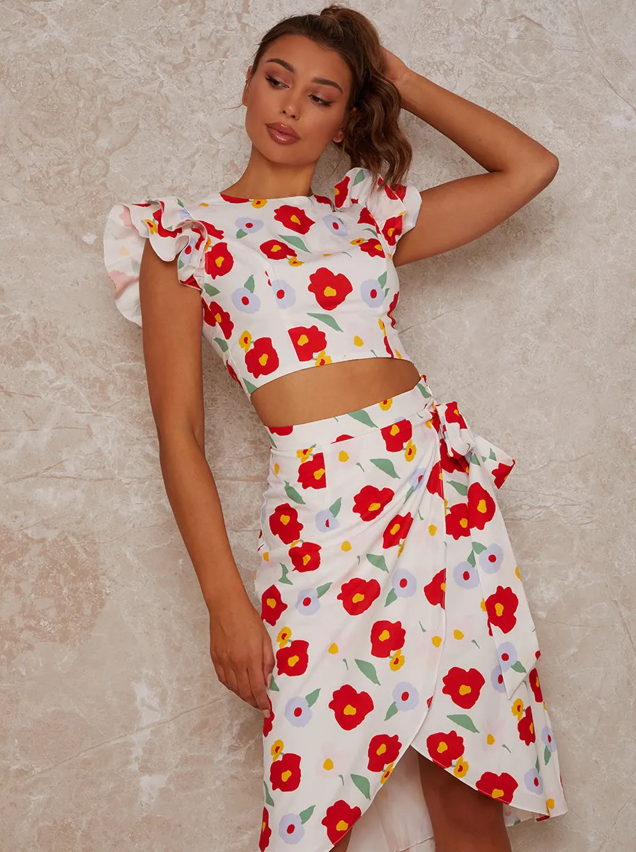 Ruffle Sleeve Floral Print Top in White sold by Chi Chi London