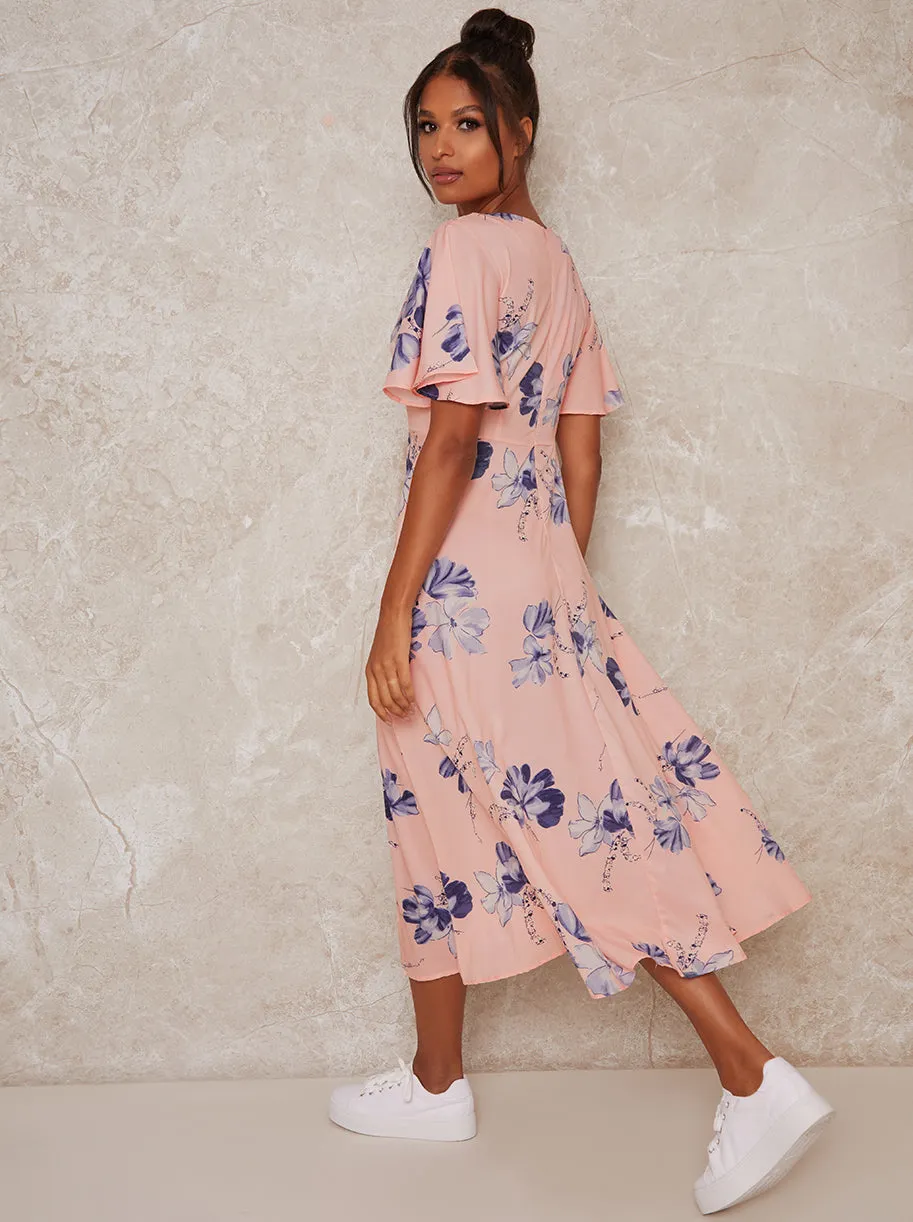 Angel Sleeved V Neck Floral Print Midi Dress in Nude sold by Chi Chi London product image thumbnail 4