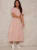 Puff Sleeve Tiered Midi Dress in Pink sold by Chi Chi London