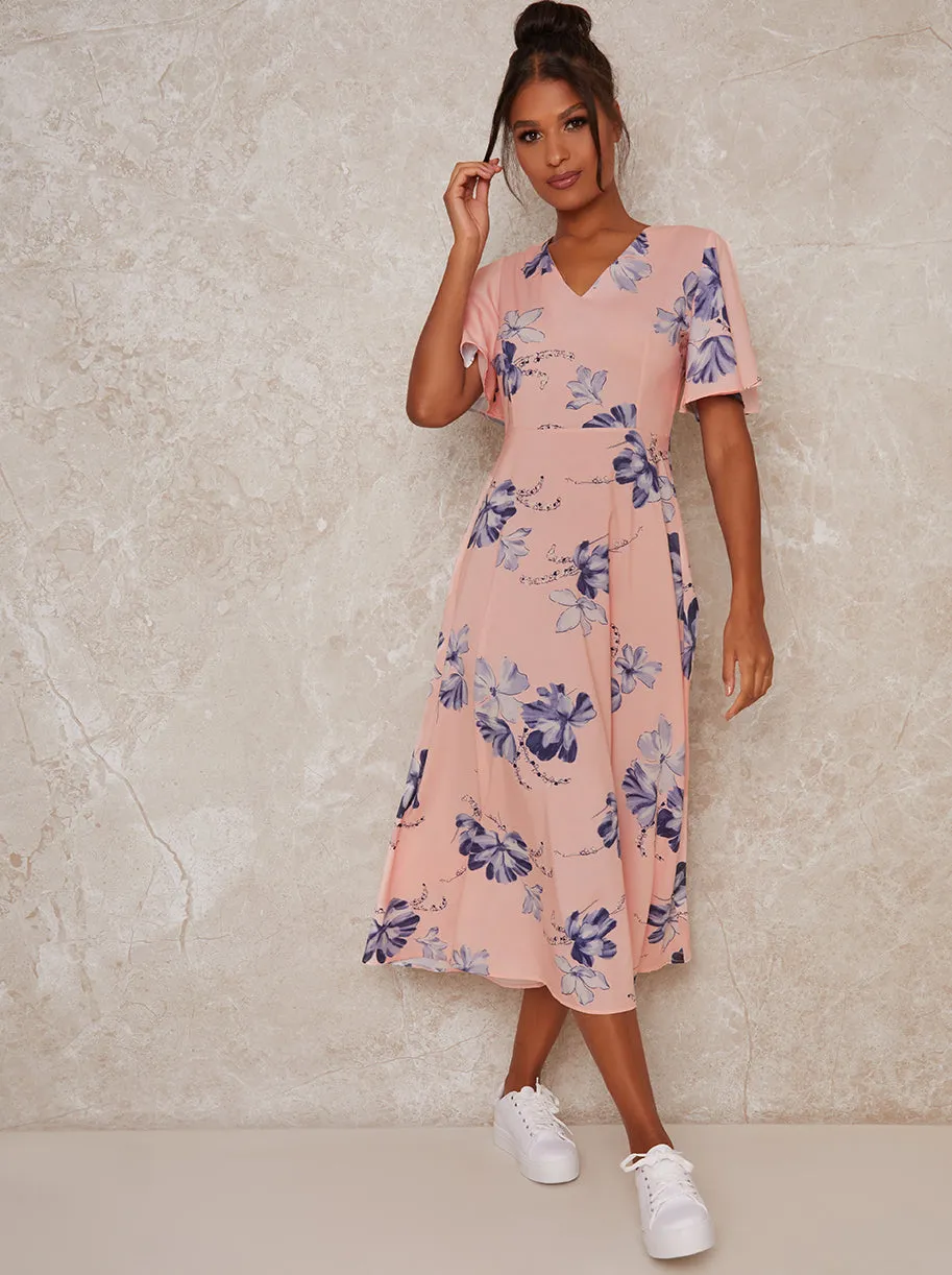 Angel Sleeved V Neck Floral Print Midi Dress in Nude sold by Chi Chi London