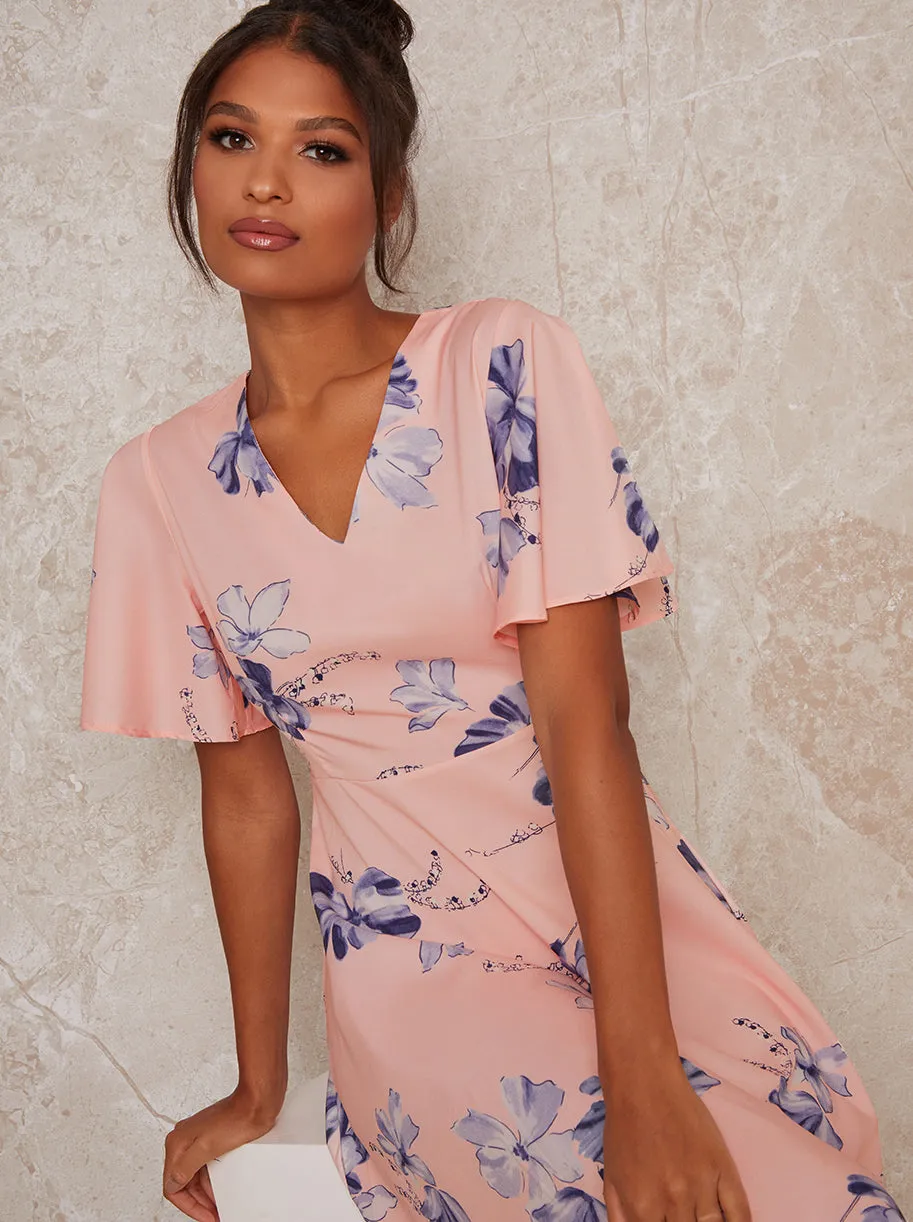 Angel Sleeved V Neck Floral Print Midi Dress in Nude sold by Chi Chi London product image thumbnail 3