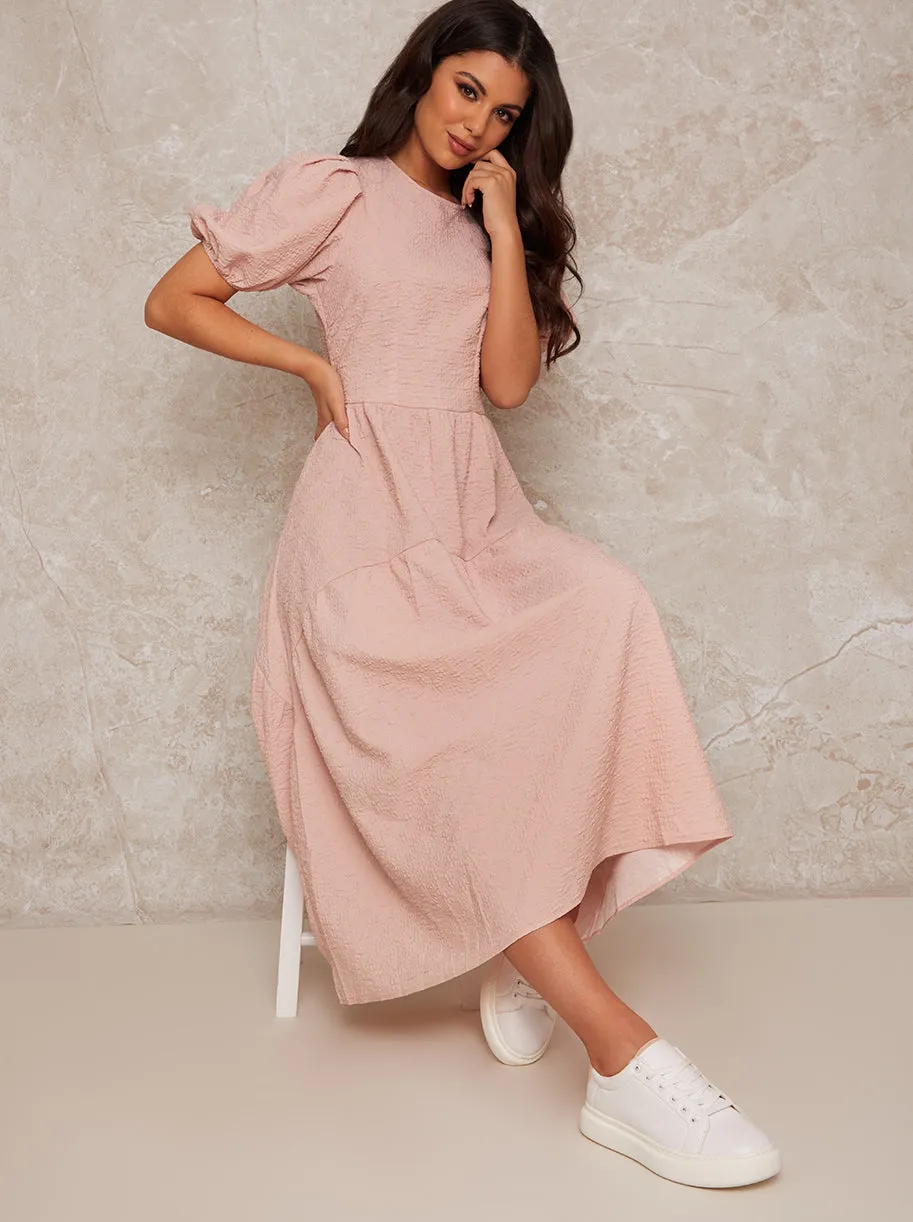 Puff Sleeve Tiered Midi Dress in Pink sold by Chi Chi London product image thumbnail 2