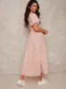 Puff Sleeve Tiered Midi Dress in Pink sold by Chi Chi London