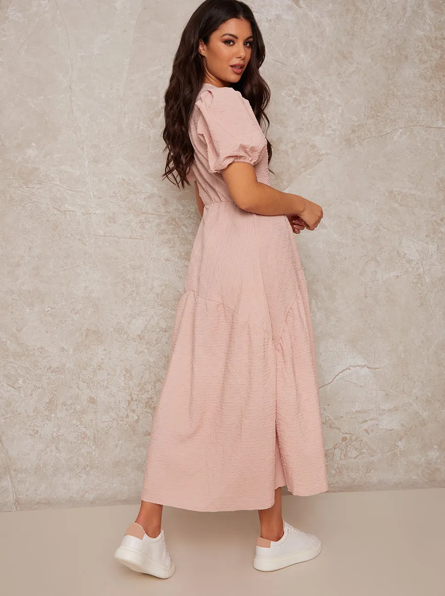Puff Sleeve Tiered Midi Dress in Pink sold by Chi Chi London