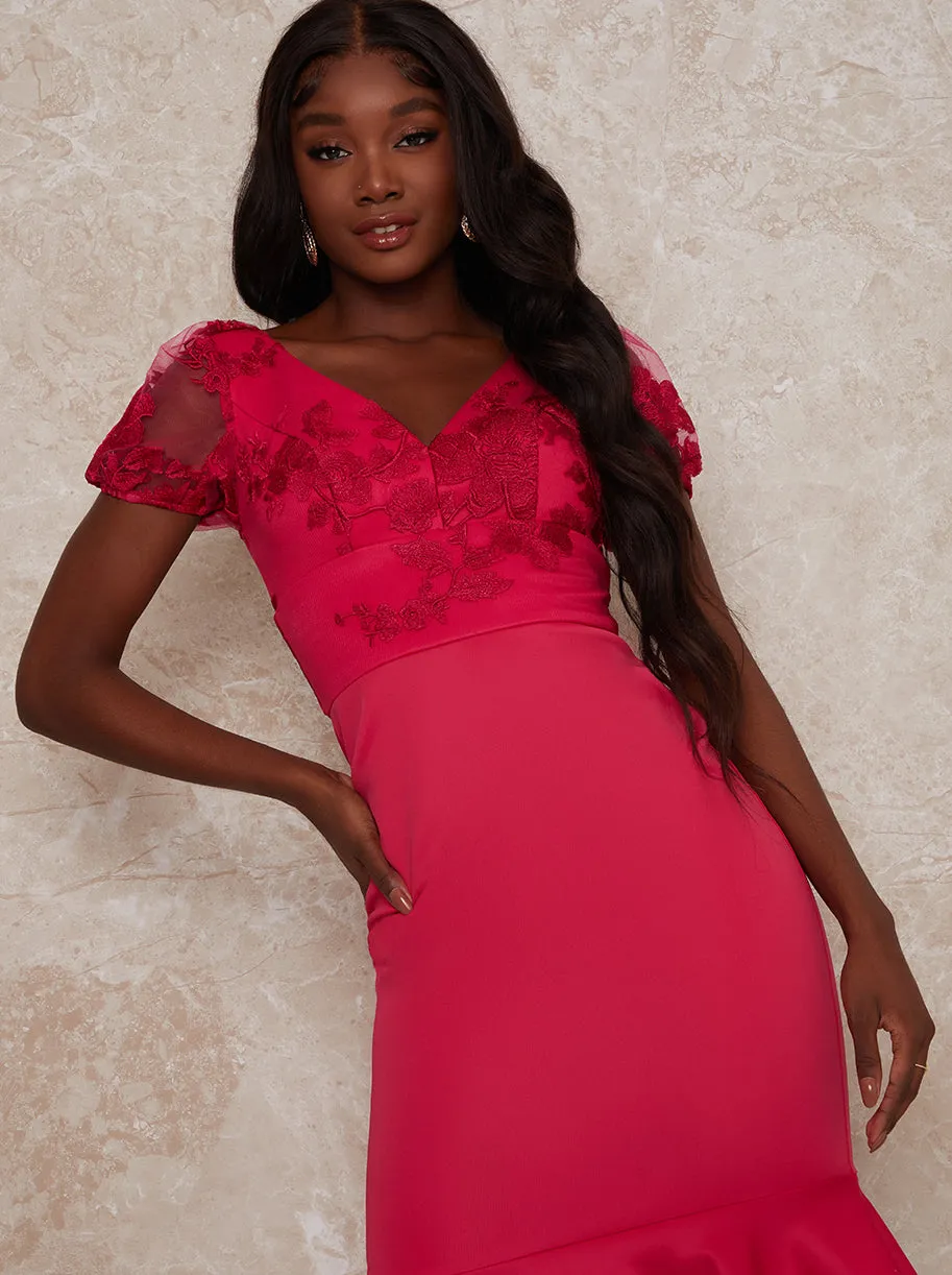 V Neck Embroidered Bodycon Midi Dress in Pink sold by Chi Chi London