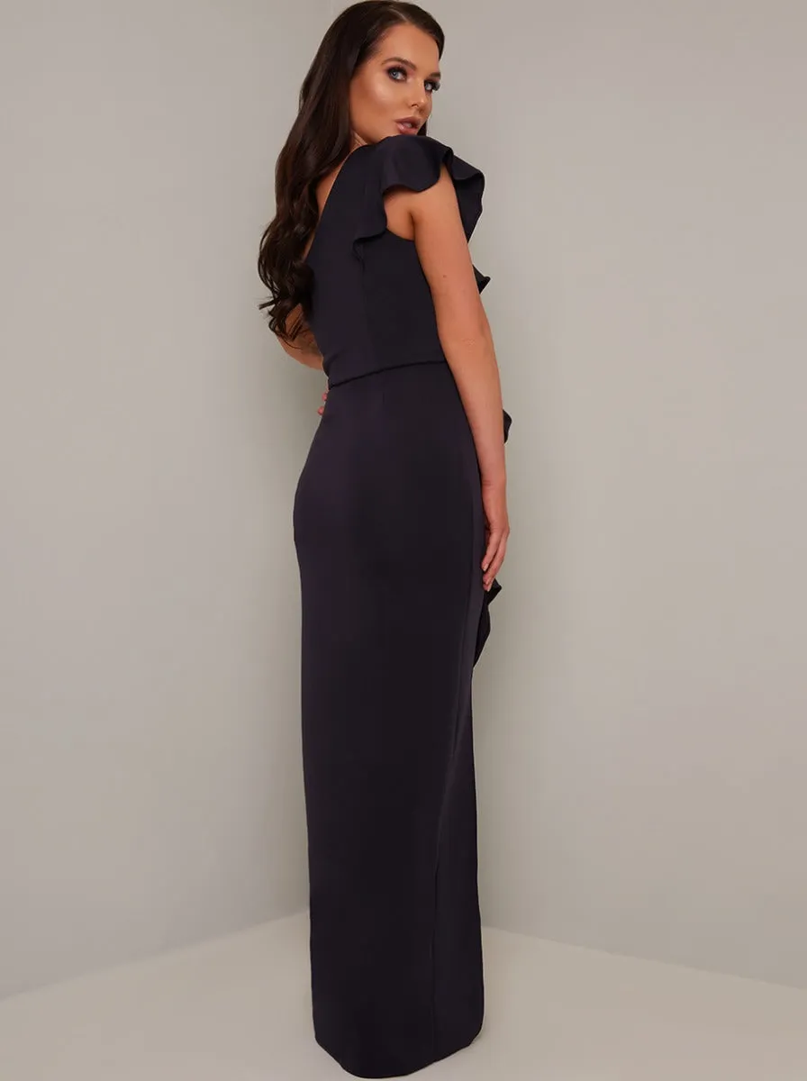 Frill Detail Thigh Split Maxi Dress in Blue sold by Chi Chi London product image thumbnail 4