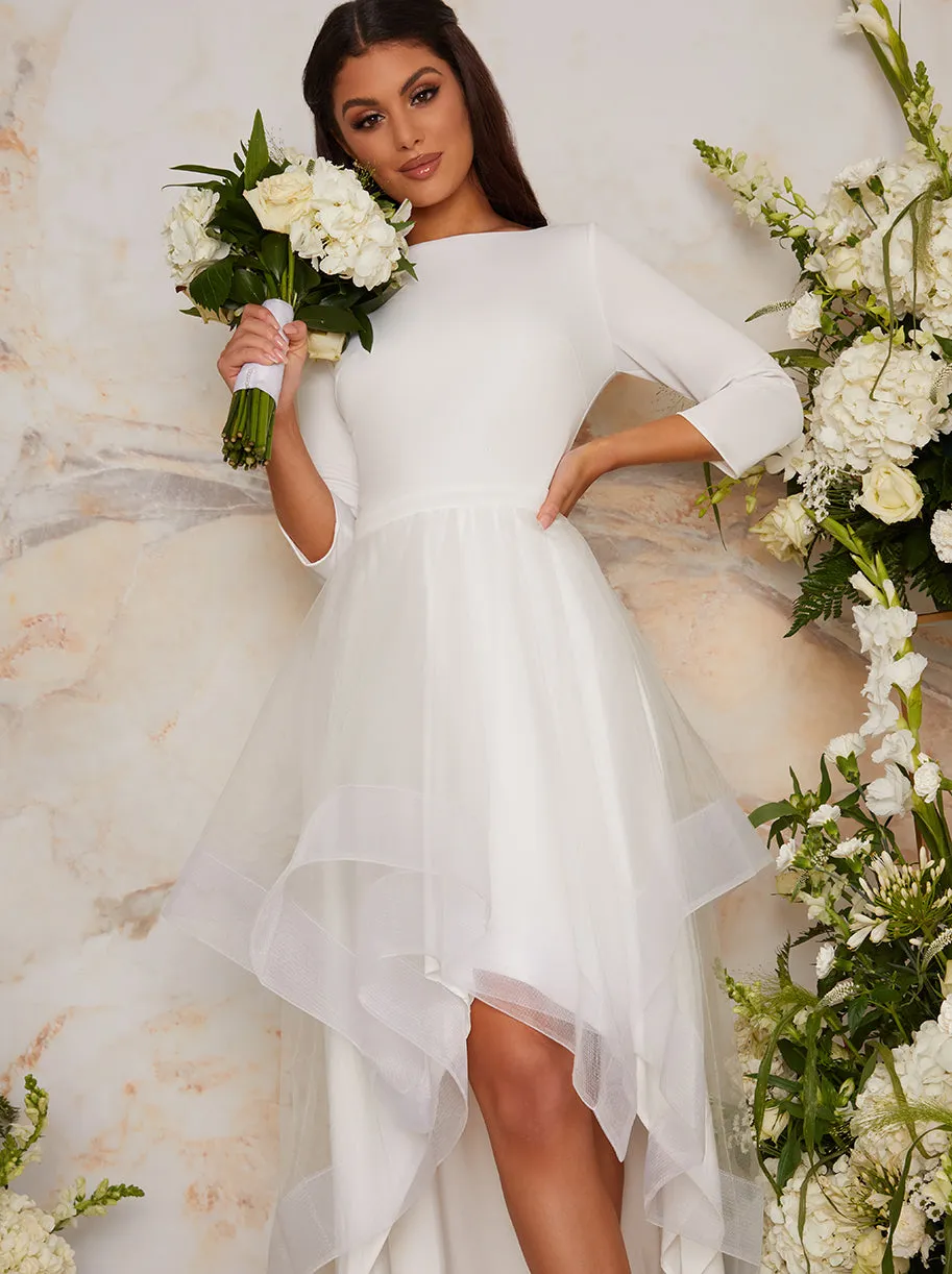 Tulle Dip Hem Wedding Dress with Long Sleeves in White sold by Chi Chi London product image thumbnail 2