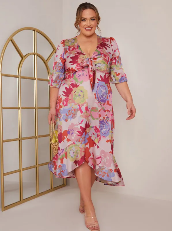 Plus Size Short Sleeve Tie Front Floral Midi Dress in Pink sold by Chi Chi London