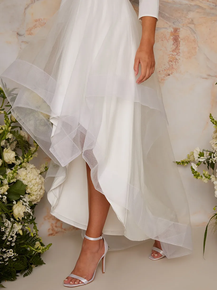 Tulle Dip Hem Wedding Dress with Long Sleeves in White sold by Chi Chi London product image thumbnail 4