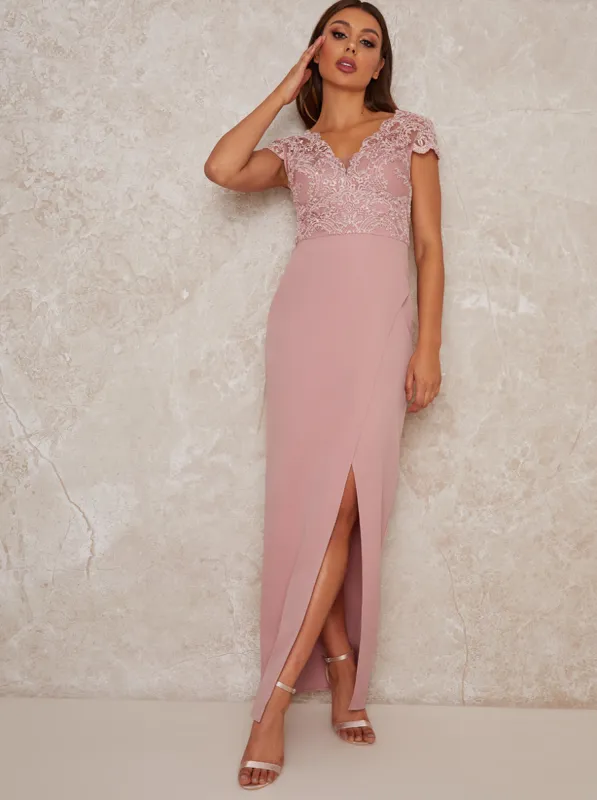 Cap Sleeve Embroidered Maxi Dress in Pink sold by Chi Chi London