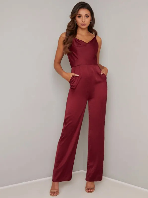 Cowl Neck Wide Leg Jump Suit in Red sold by Chi Chi London