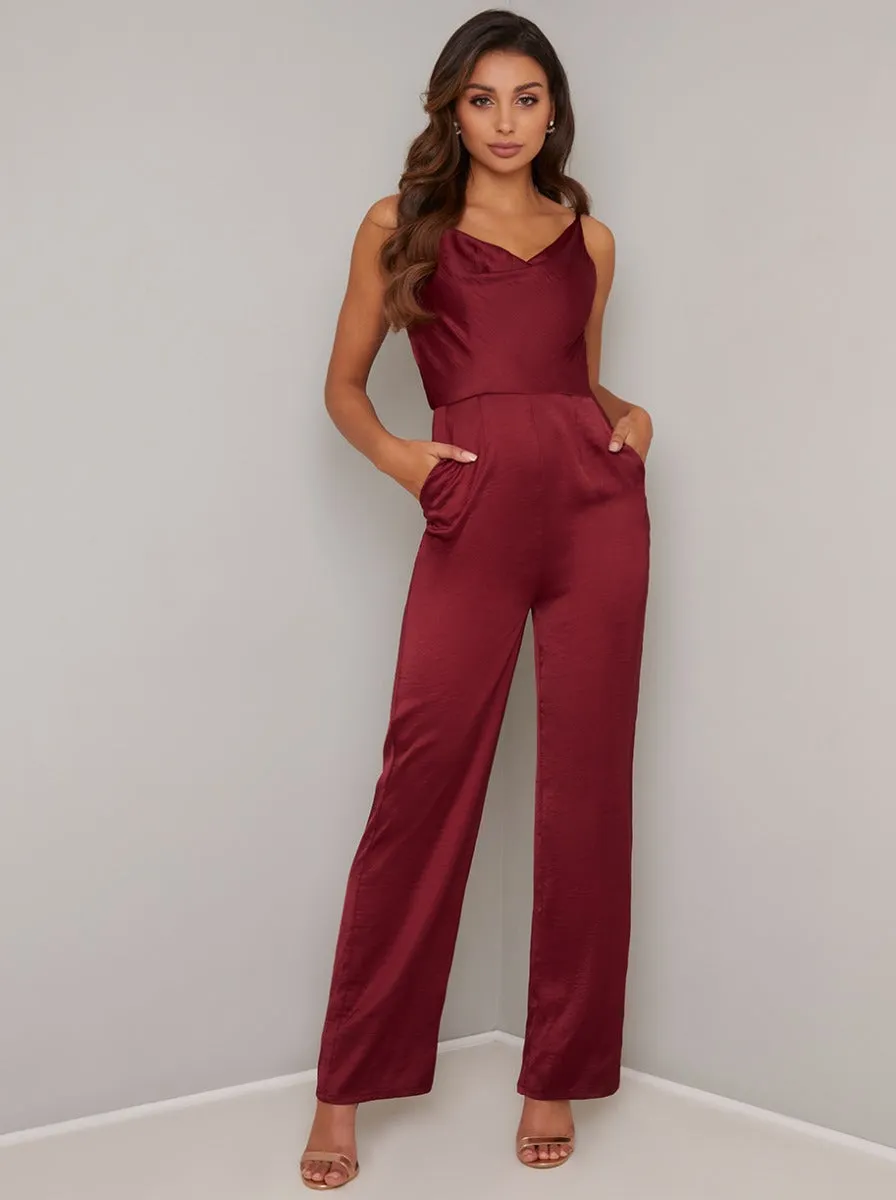 Cowl Neck Wide Leg Jump Suit in Red sold by Chi Chi London