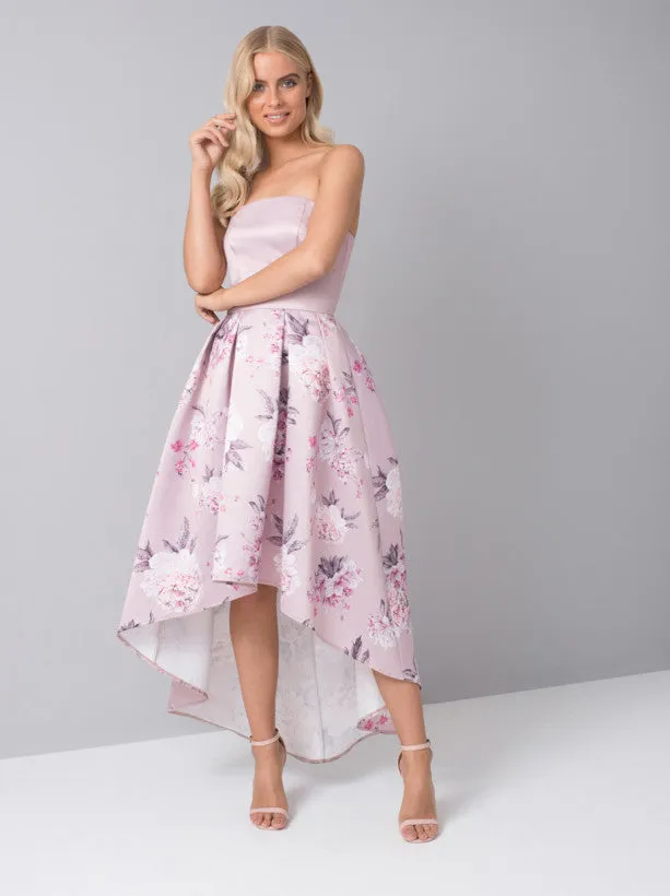 Bardot Floral Print Dip Hem Dress in Purple sold by Chi Chi London