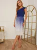 Petite One Shoulder Ombre Pleated Midi Dress in Blue sold by Chi Chi London