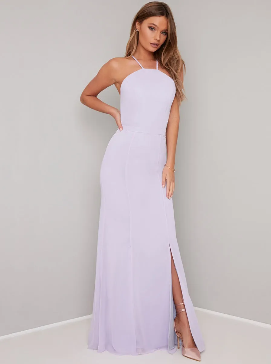 Lace Back Cami Strap Fiited Bodice Maxi Dress in Purple sold by Chi Chi London