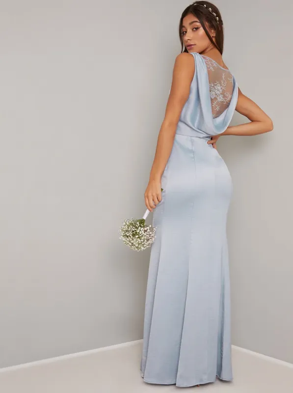 Cowl Back Lace Detail Satin Maxi Dress in Blue sold by Chi Chi London