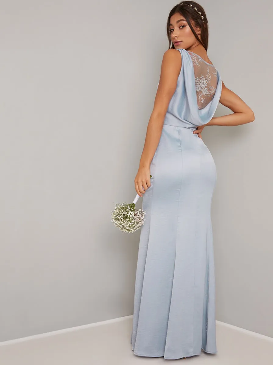 Cowl Back Lace Detail Satin Maxi Dress in Blue sold by Chi Chi London