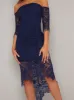 Bardot Long Sleeved Lace Bodycon Dip Hem Dress in Blue sold by Chi Chi London