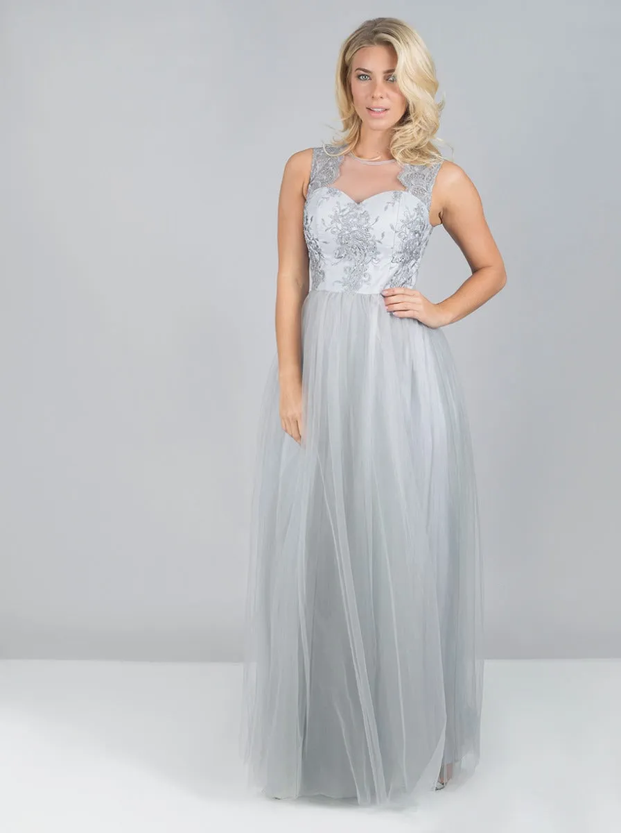 Embroidered Lace Mesh Skirt Maxi Dress in Grey sold by Chi Chi London