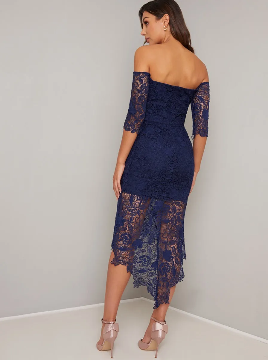 Bardot Long Sleeved Lace Bodycon Dip Hem Dress in Blue sold by Chi Chi London product image thumbnail 4