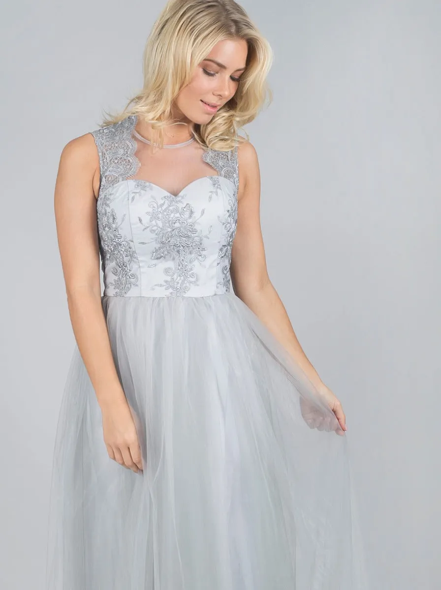 Embroidered Lace Mesh Skirt Maxi Dress in Grey sold by Chi Chi London product image thumbnail 2