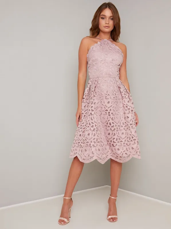 Laser Cut Scalloped Hem Midi Dress in Brown sold by Chi Chi London