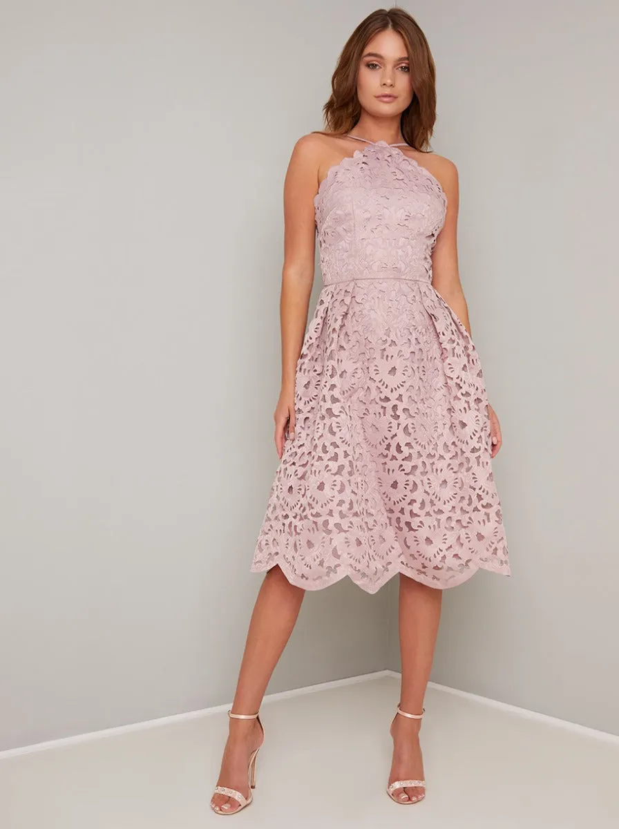 Laser Cut Scalloped Hem Midi Dress in Brown sold by Chi Chi London