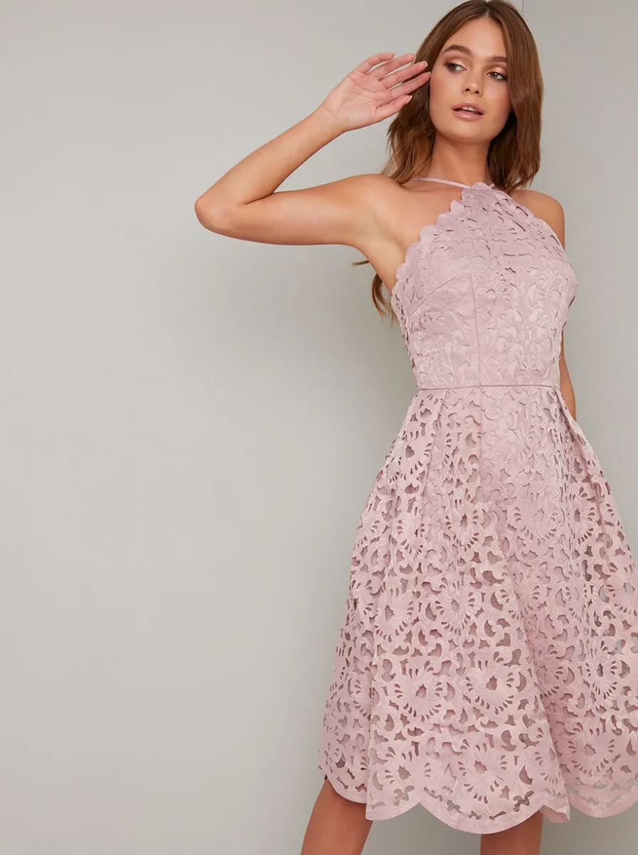 Laser Cut Scalloped Hem Midi Dress in Brown sold by Chi Chi London product image thumbnail 3