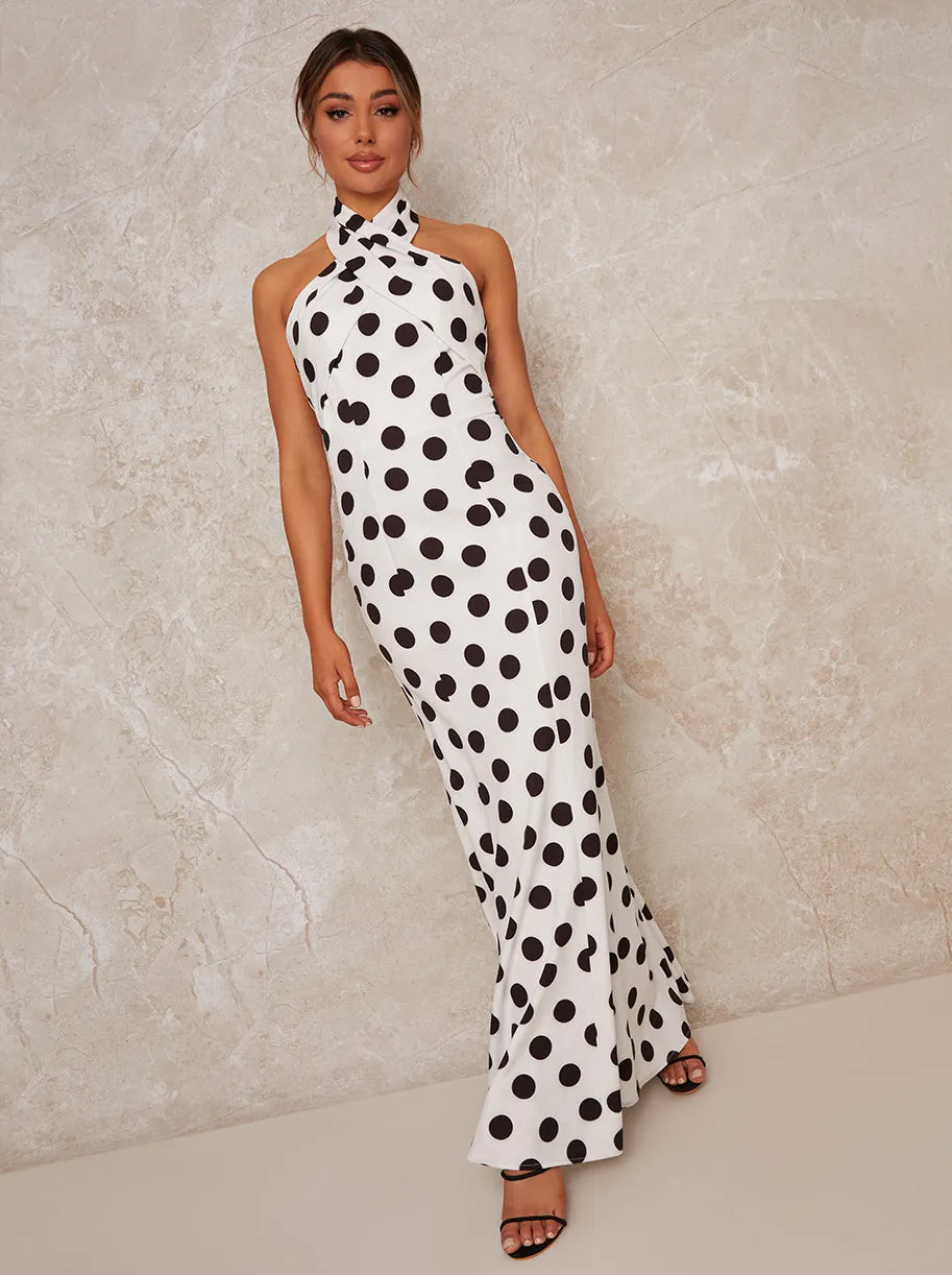 Halter Neck Polka Dot Maxi Dress in Monochrome sold by Chi Chi London