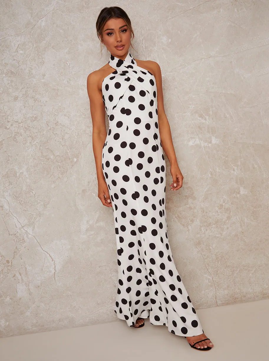 Halter Neck Polka Dot Maxi Dress in Monochrome sold by Chi Chi London product image thumbnail 4