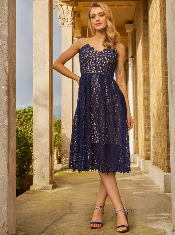 Cami Premium Lace Midi Dress in Navy sold by Chi Chi London