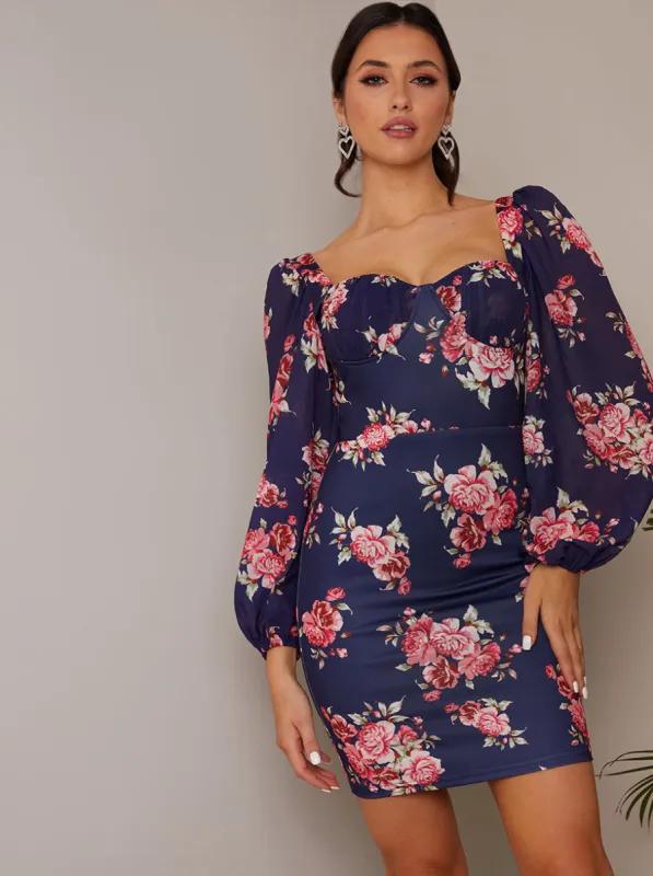 Balloon Sleeve Floral Bodycon Mini Dress in Navy sold by Chi Chi London