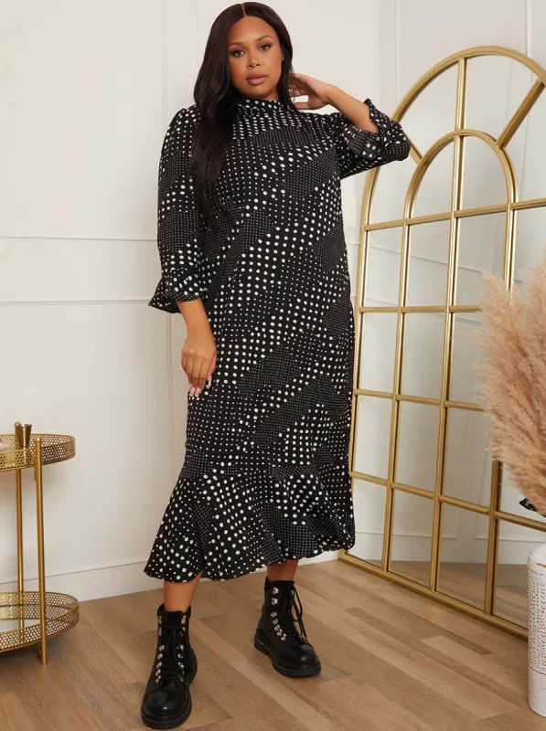 Plus Size Polka Dot Print Midi Dress in Black sold by Chi Chi London