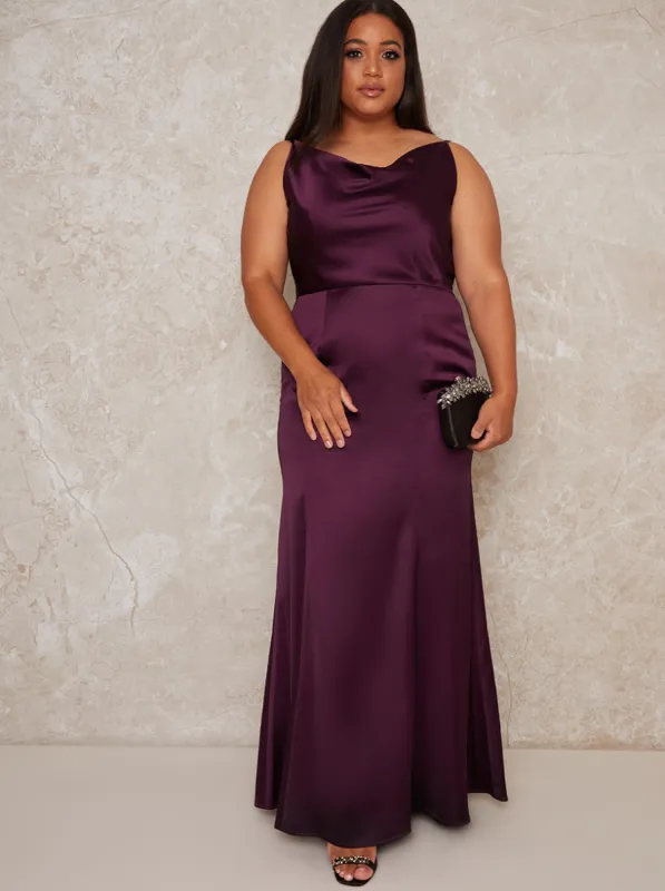 Plus Size Cowl Neck Satin Slip Maxi Dress in Purple sold by Chi Chi London