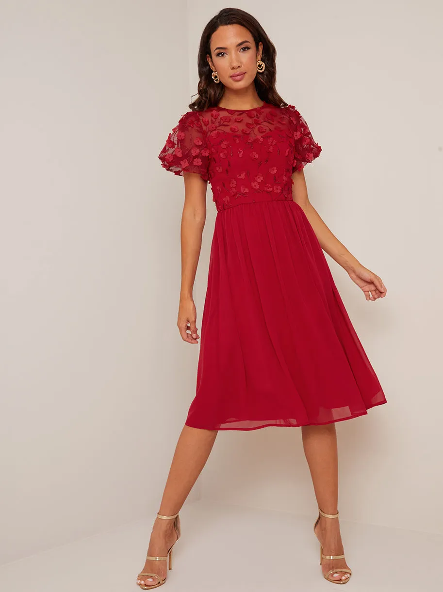 Puff Sleeve 3D Lace Midi Dress in Berry sold by Chi Chi London product image thumbnail 4