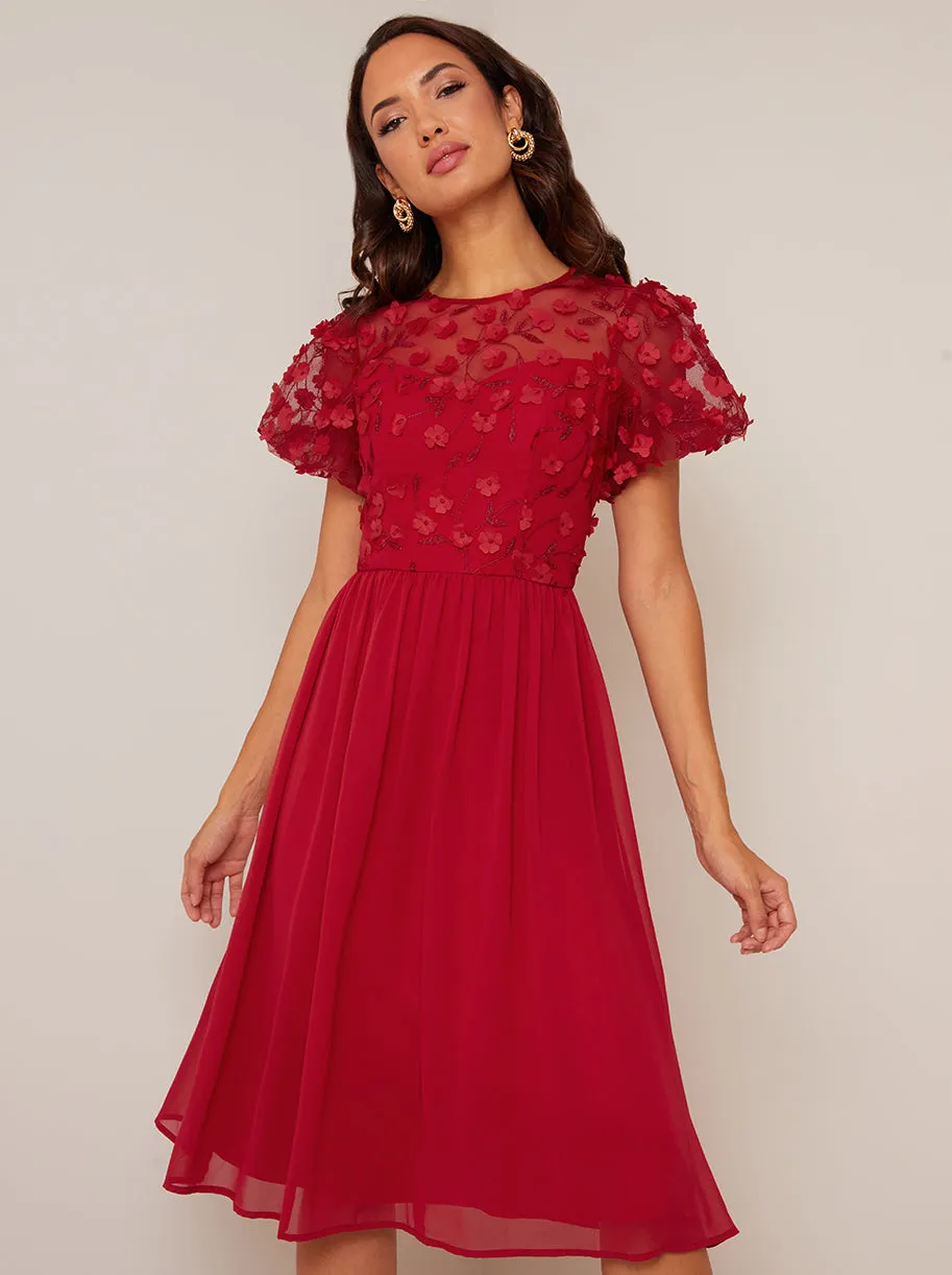 Puff Sleeve 3D Lace Midi Dress in Berry sold by Chi Chi London