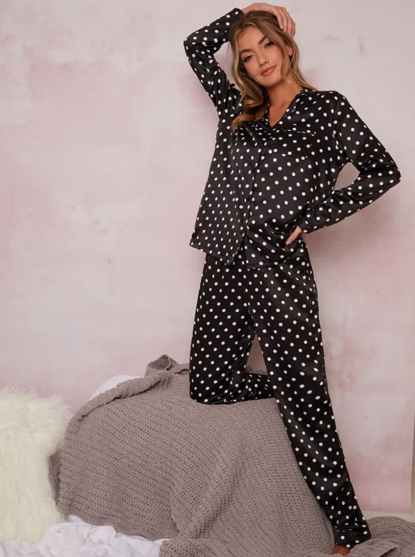 Satin Polka Dot Pyjamas in Black made by Chi Chi London
