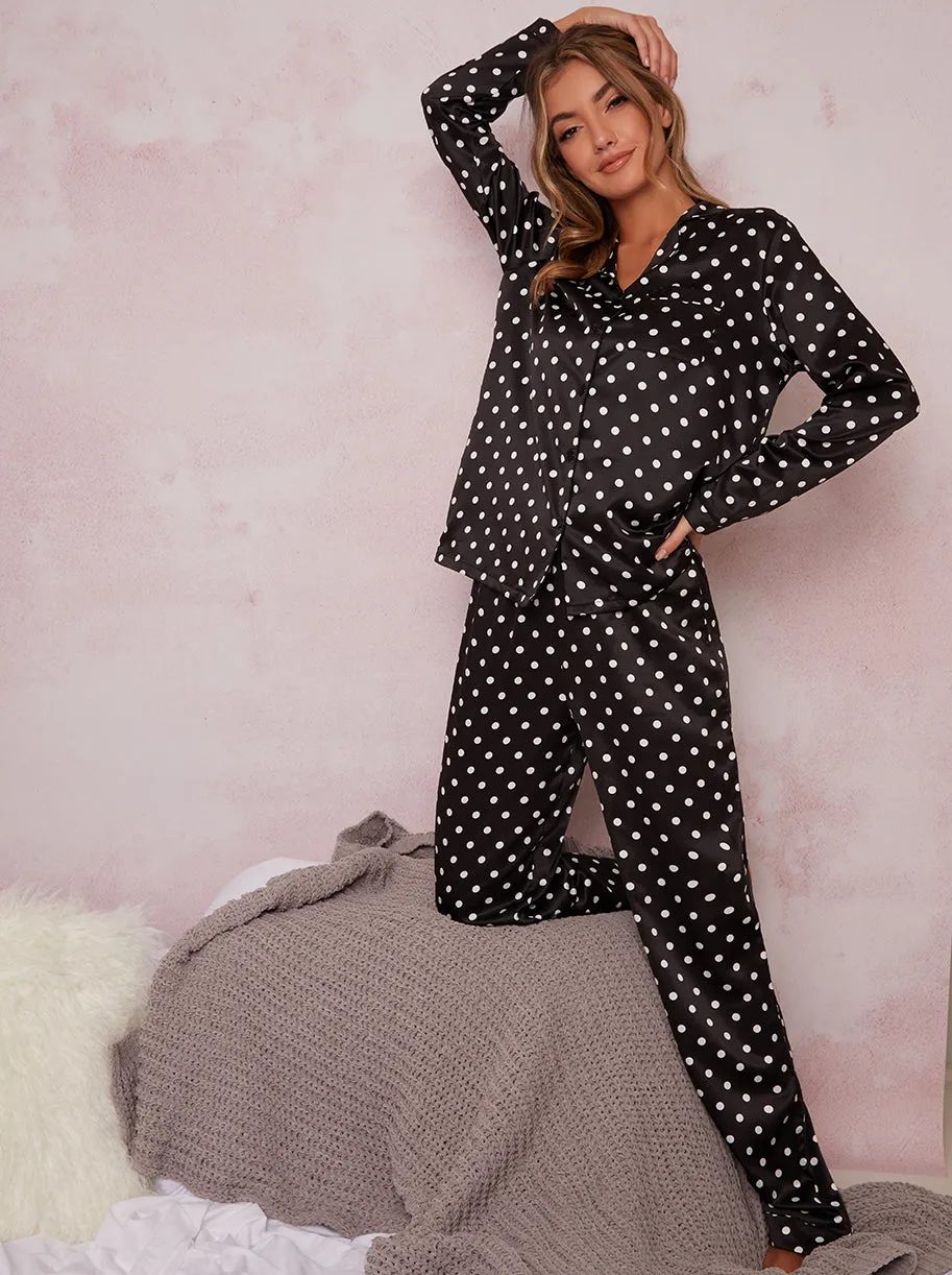 Satin Polka Dot Pyjamas in Black sold by Chi Chi London
